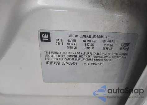 2014 Chevrolet Cruze Ls Auto from USA, damaged, VIN 1G1PA5SH3E7468467